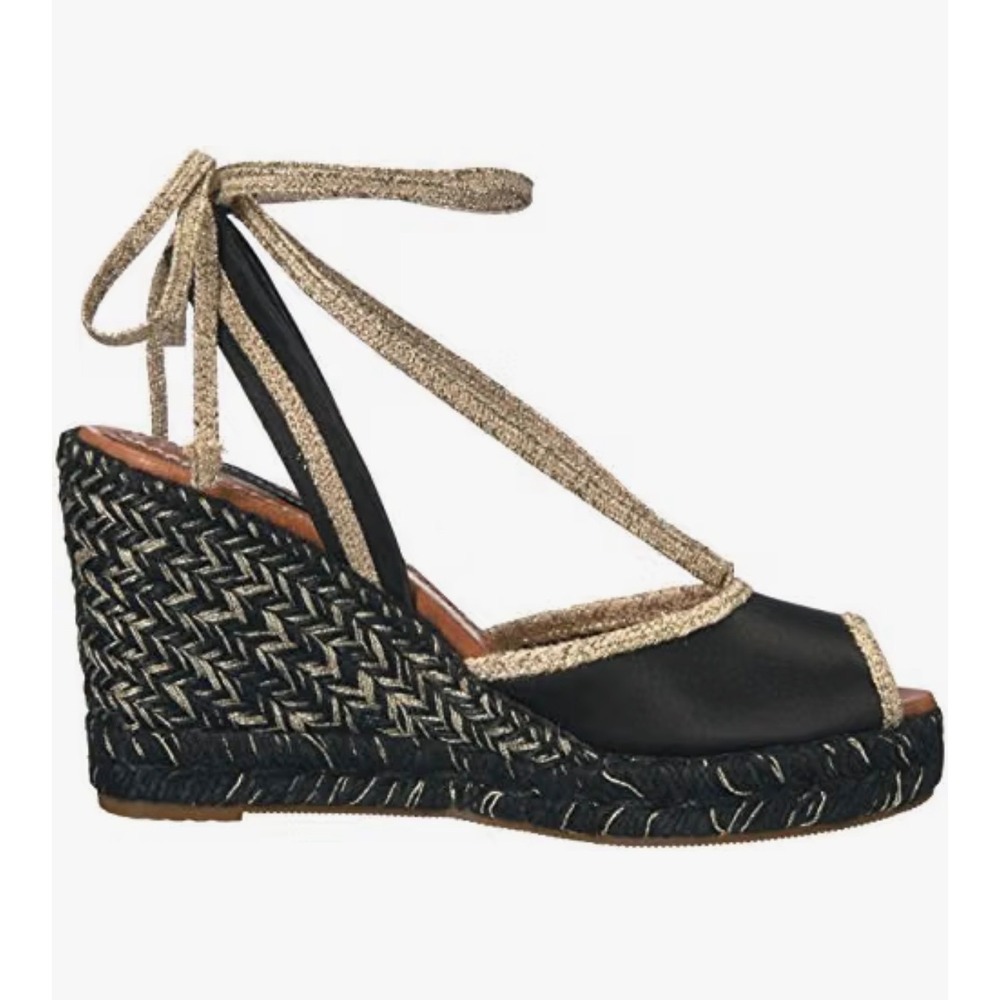 Marc Jacobs Black Satin Gold Metallic Wrap Espadrille Wedge Sandals Spain 38.5